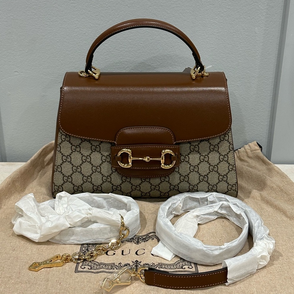 Gucci GG Supreme Monogram Calfskin Medium Horsebit 1955 Top Handle Bag - Picture 16 of 17